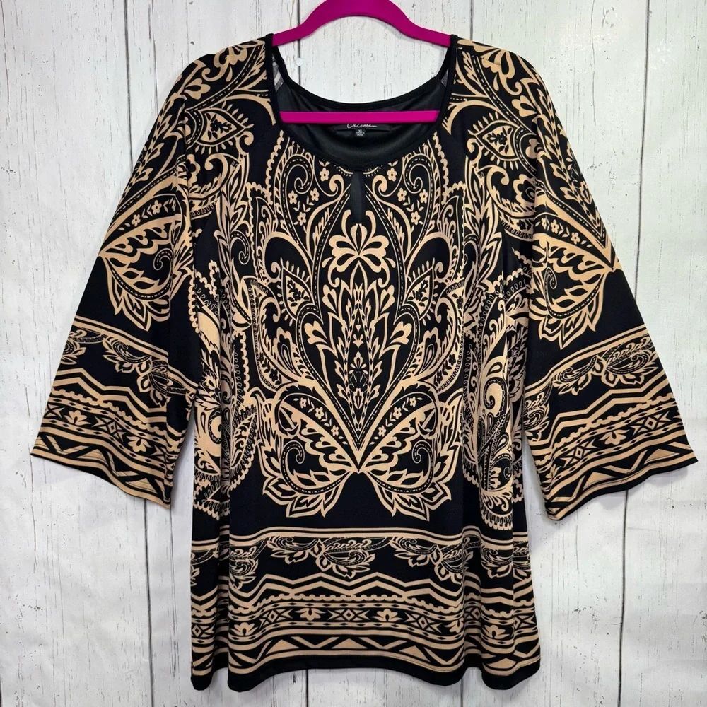 Calessa Black Tan Paisley Tunic Top XL Boho Lagenlook Relaxed 3/4 Bell Sleeve